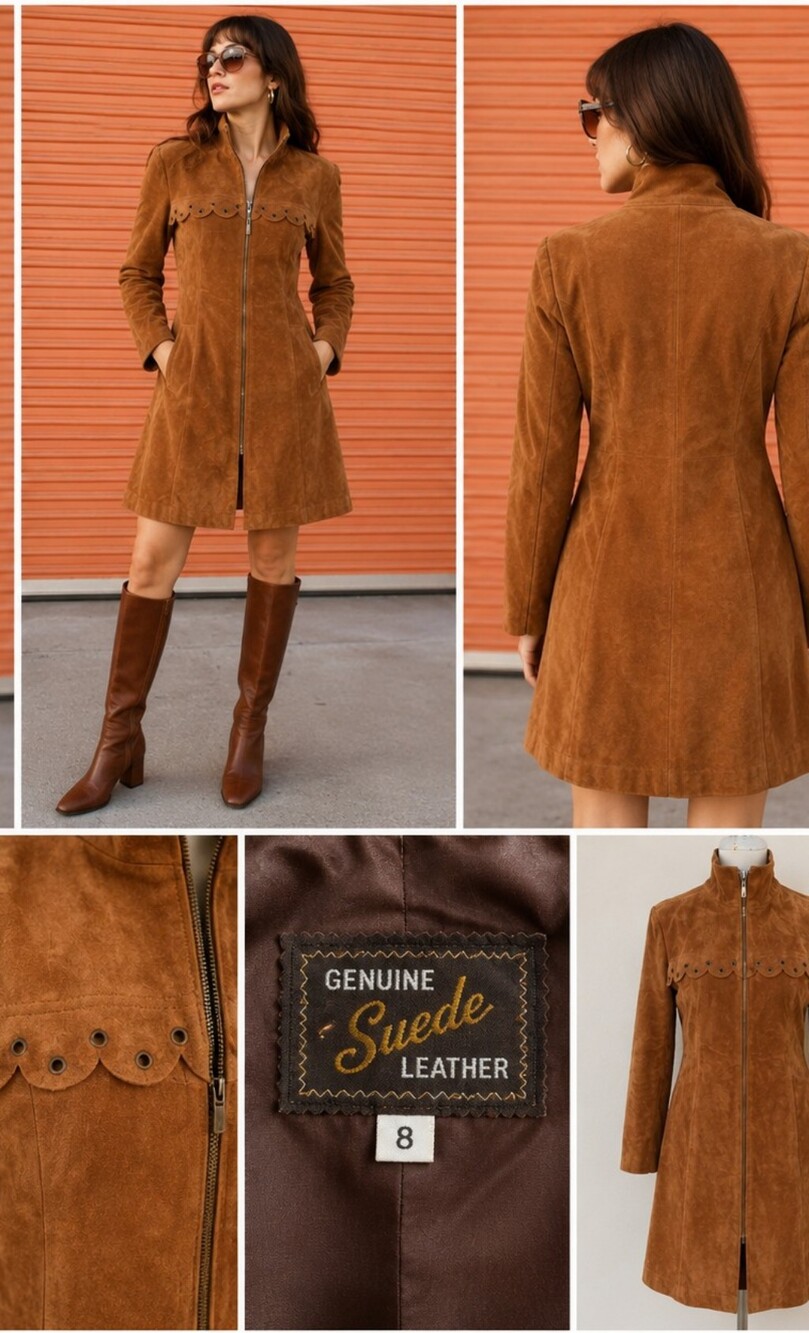 Vtg Tan Suede Coat Dress Scallop trim Zip Front Long sleeves , SZ M Zip coat Y2K